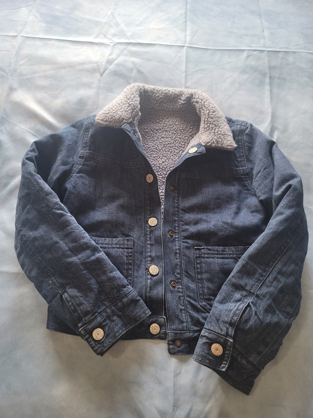 GAP Dark Blue Denim Jean Jacket with Gray Sherpa Lining